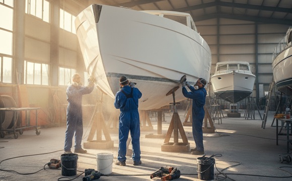 Raajje Fiberglass technicians polishing a fiberglass boat