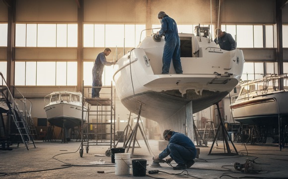Raajje Fiberglass technicians servicing a fiberglass boat