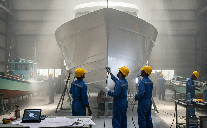 The team at Raajje Fiberglass working on a client boat