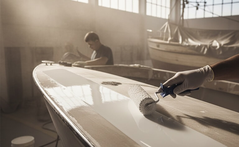 Raajje Fiberglass technicians laminating fiberglass