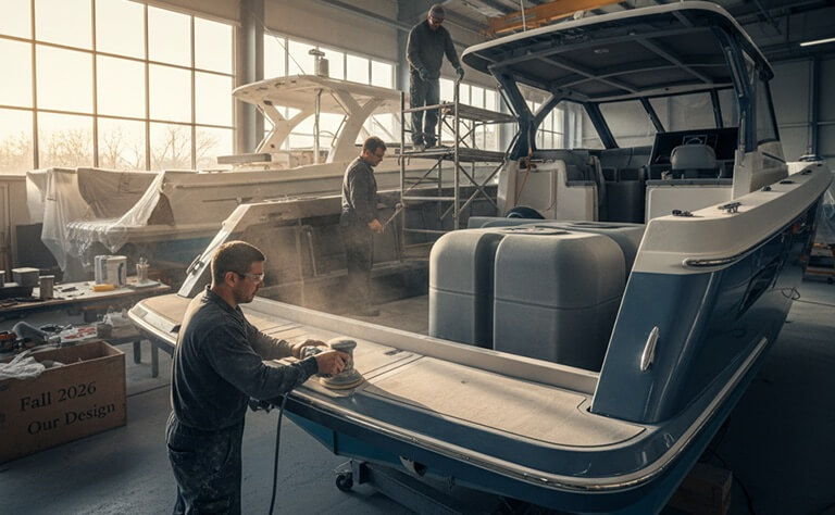 Raajje Fiberglass technicians cutting fiberglass using sanders