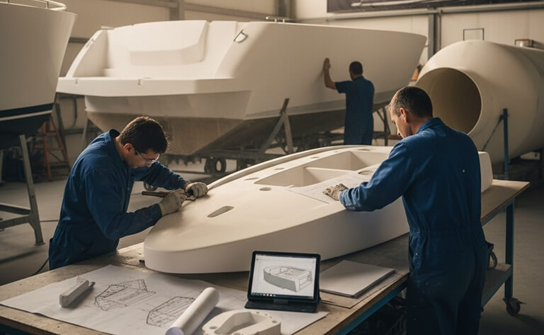 Raajje Fiberglass modeling a custom made boat part