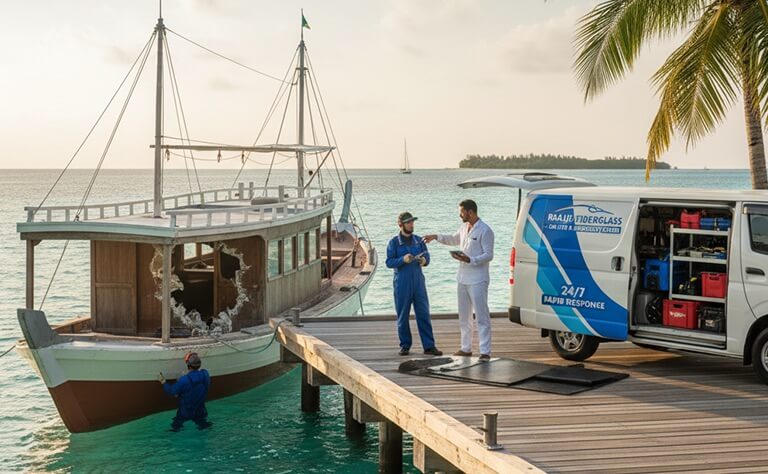 Raajje Fiberglass technicians cutting fiberglass using sanders